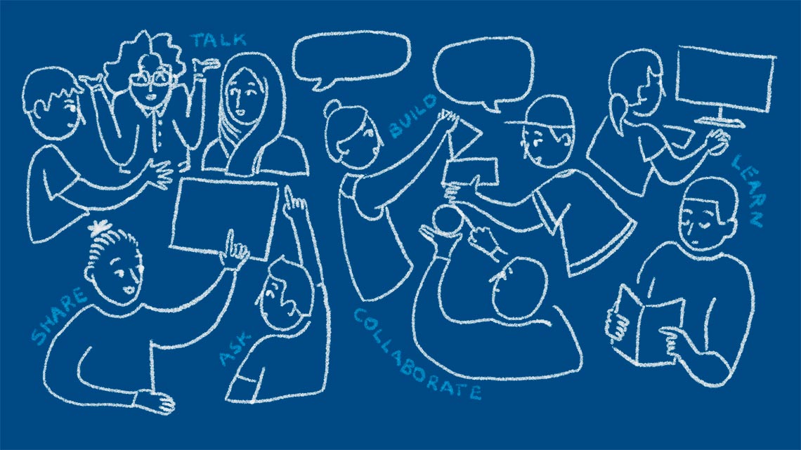 Illustration of people talking, sharing ideas, asking questions, learning & collaborating. 